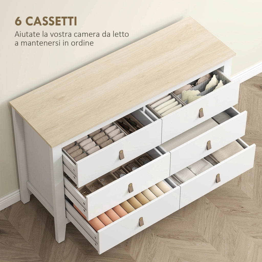 Cassettiera per Camera da Letto a 6 Cassetti con Maniglie in Finta Pelle, 120x40x78 cm, Bianco