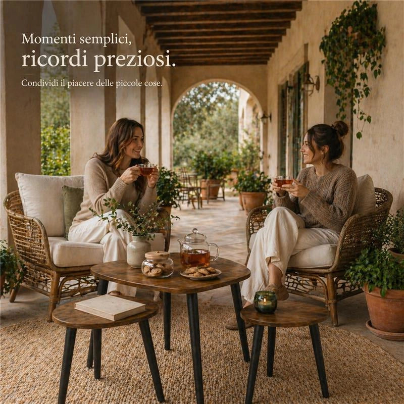 SET DI TRE TAVOLINI CON PIEDI IN LEGNO SCURO CON TOP IN MDF EFFETTO LEGNO SCUROMISURE: 39X32CM, 48X38CM, 59X49CM