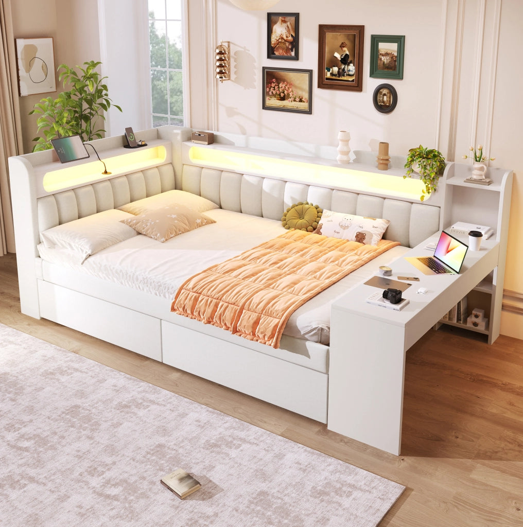 Letto daybed 140x200 cm con LED; porte USB; scrivania integrata e 2 cassetti; bianco
