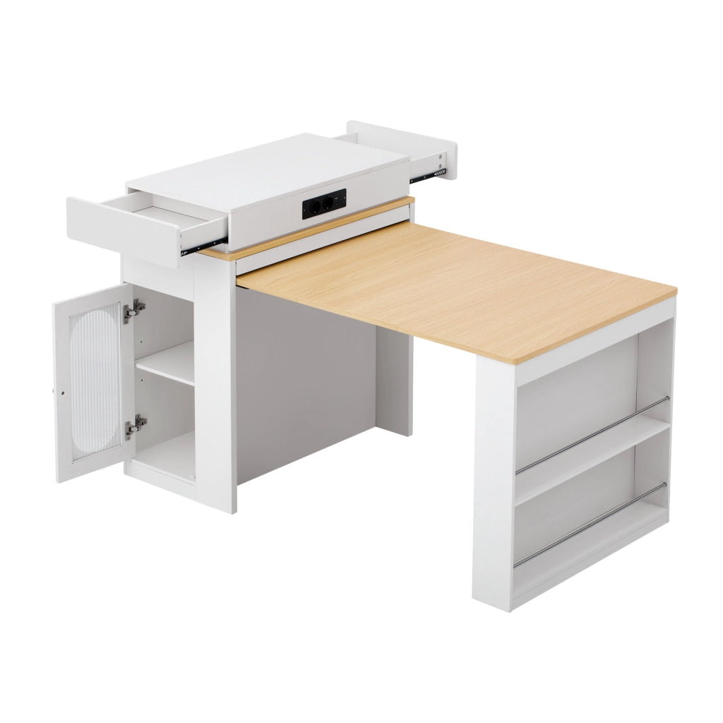 Isola cucina 83x46x96 cm estendibile con piano pieghevole in MDF e vetro bianco