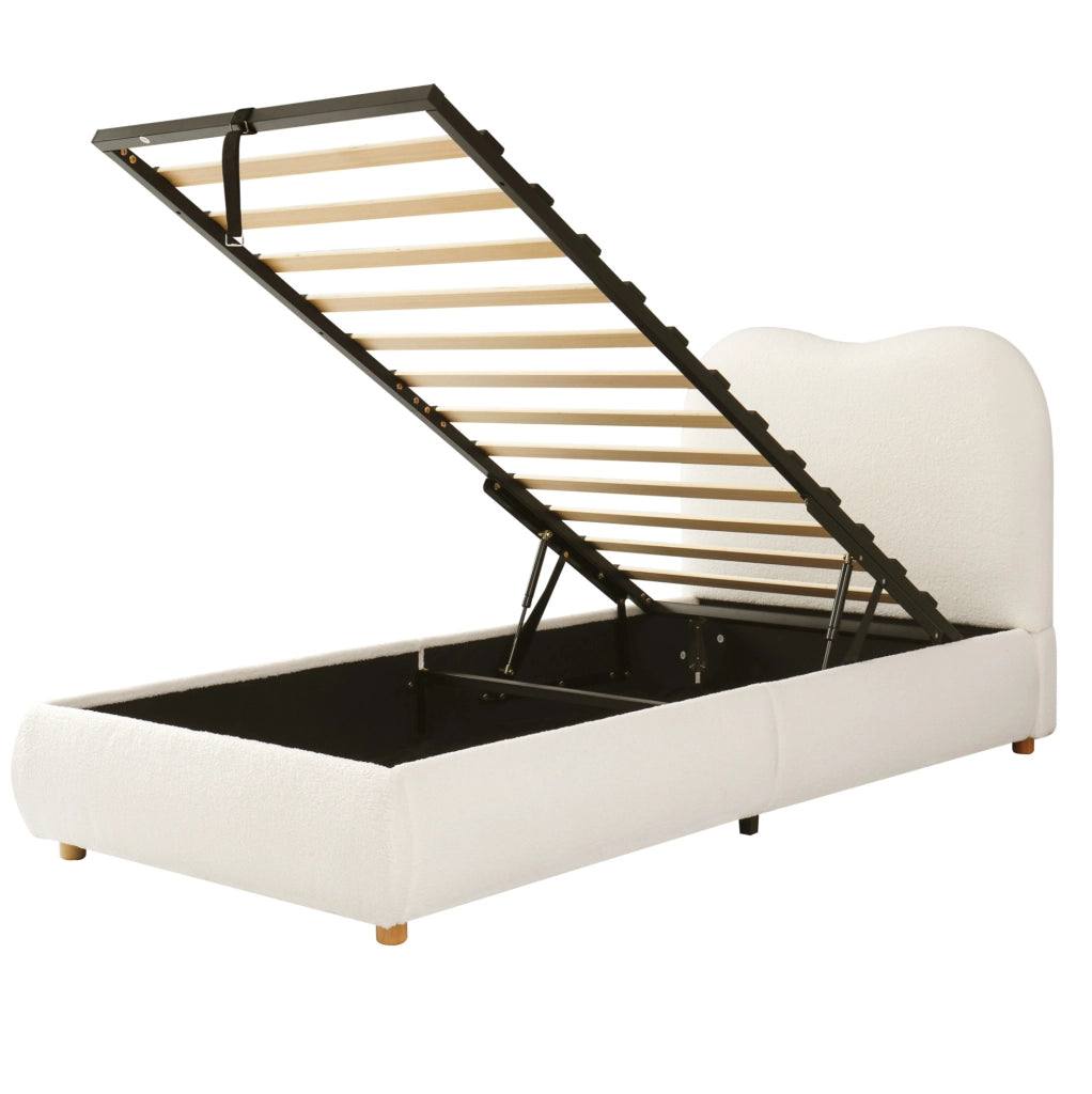 Letto imbottito per bambini con contenitore e rete a doghe; bouclé beige; 215x101x98 cm