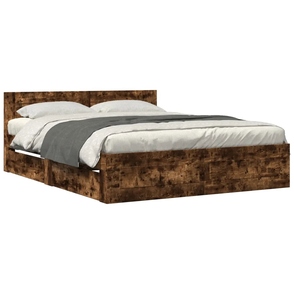 Letto matrimoniale | Letto per adulti | Giroletto con Testiera Rovere Fumo 160x200 cm Legno Multistrato