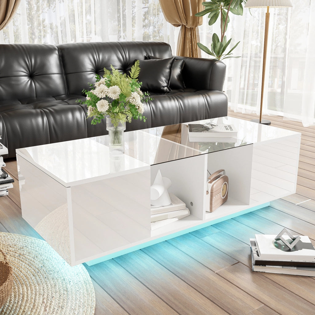 Tavolino da Salotto con 2 Ante e LED Bluetooth 16 Colori; Piano in Vetro; Bianco Lucido; in MDF e Truciolare; 120×50×38;5 cm