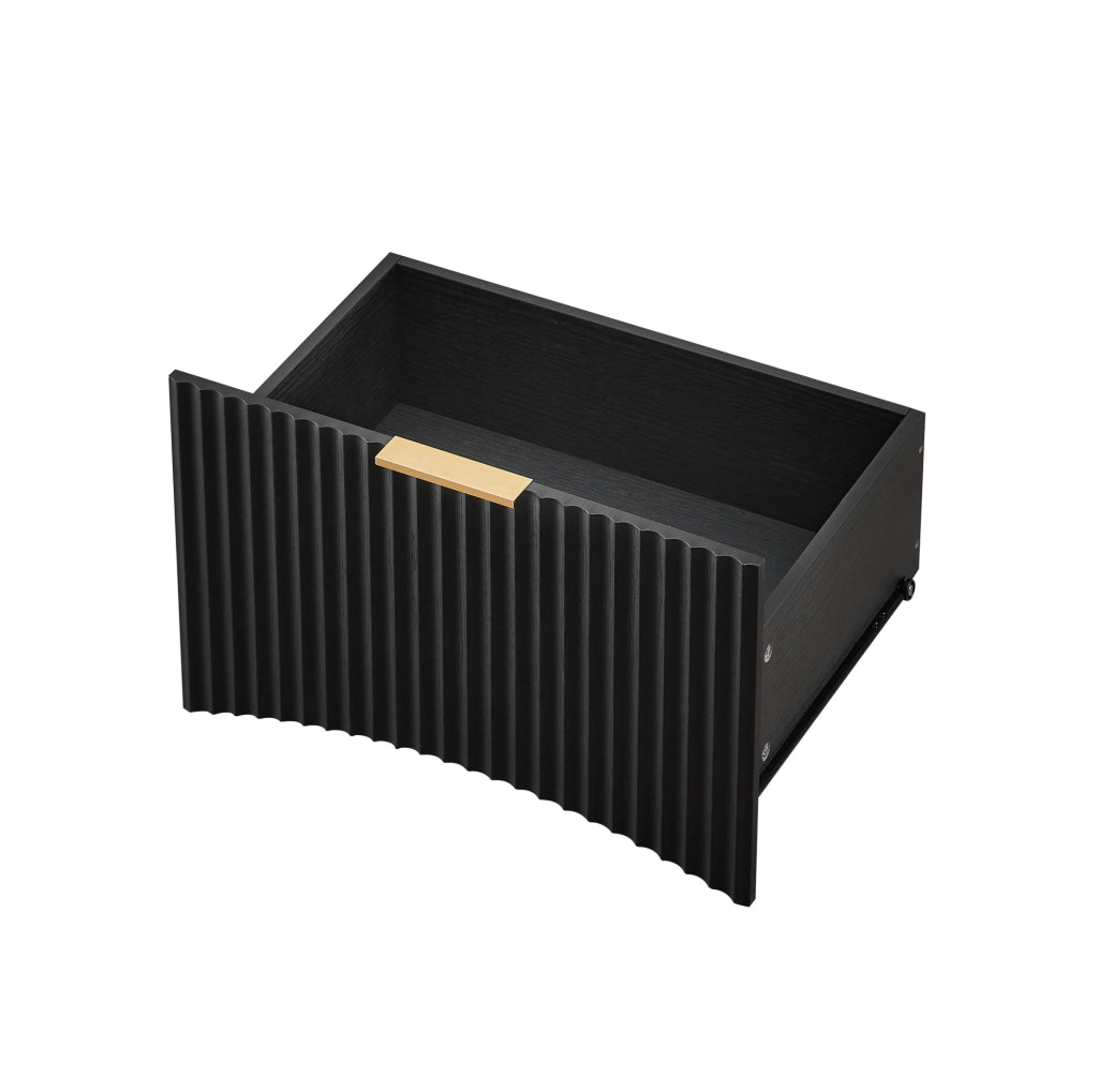 Comodino nero scanalato con cassetto e vano portaoggetti