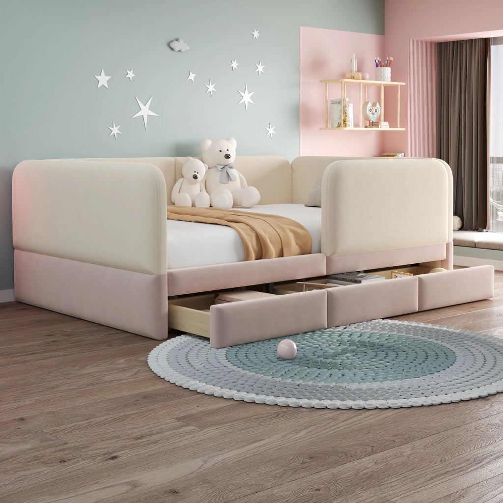 Letto imbottito per bambini 140x200 cm con parapetto perimetrale; bordi arrotondati e ampio cassetto; velluto rosa