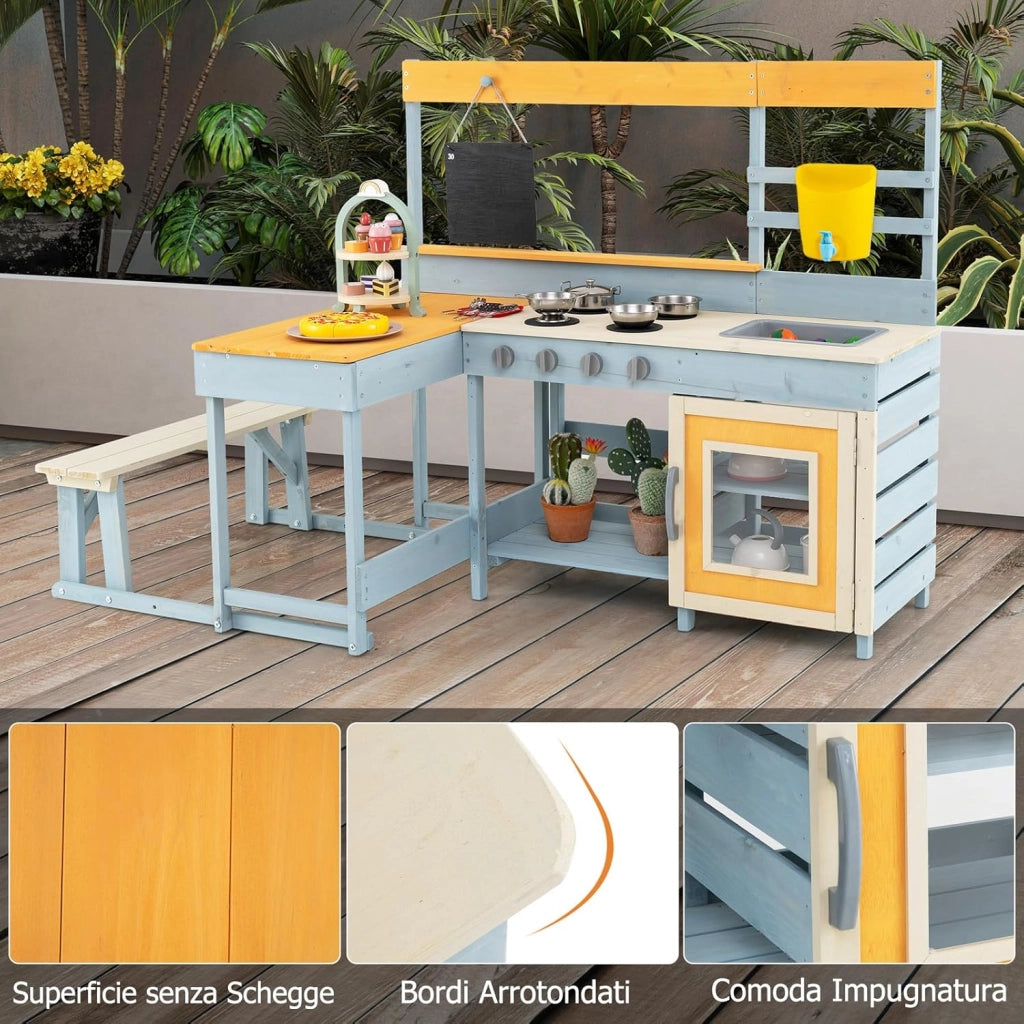 Cucina Giocattolo per Giardino con Tavolo e Panchina da Picnic, Cucina per Bambini in Legno di Abete con Fornelli, Lavandino, Lavagna e Forno, con 17 Accessori, 150 x 71 x 98 cm (Grigio 1)