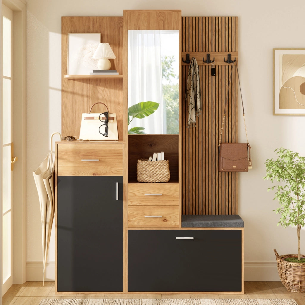 Mobile ingresso multifunzione con specchio; panca; 1 anta; cassetti; vano scarpe a ribalta e LED; per ingresso; 120 × 32 × 178 cm