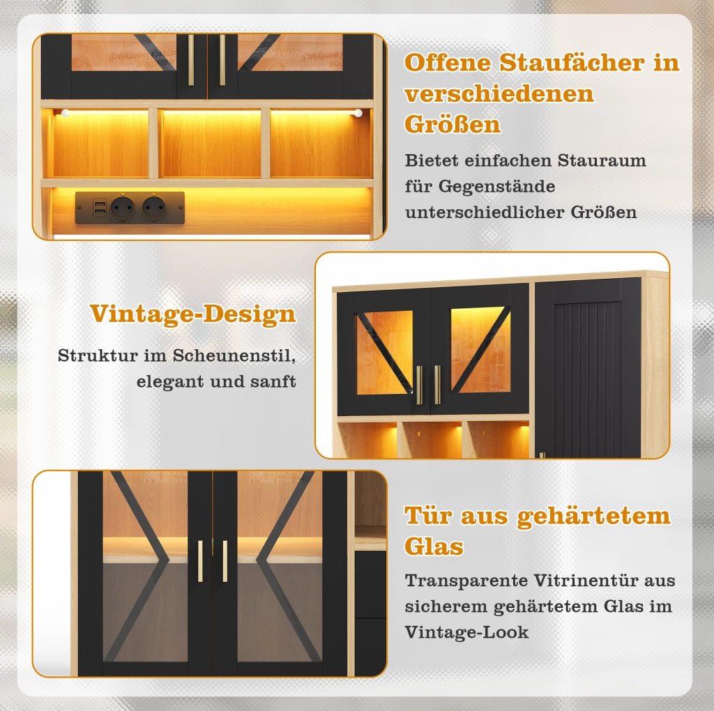 Credenza buffet in MDF 105x40x185 cm; stile vintage; con LED RGB; prese USB e porte in vetro