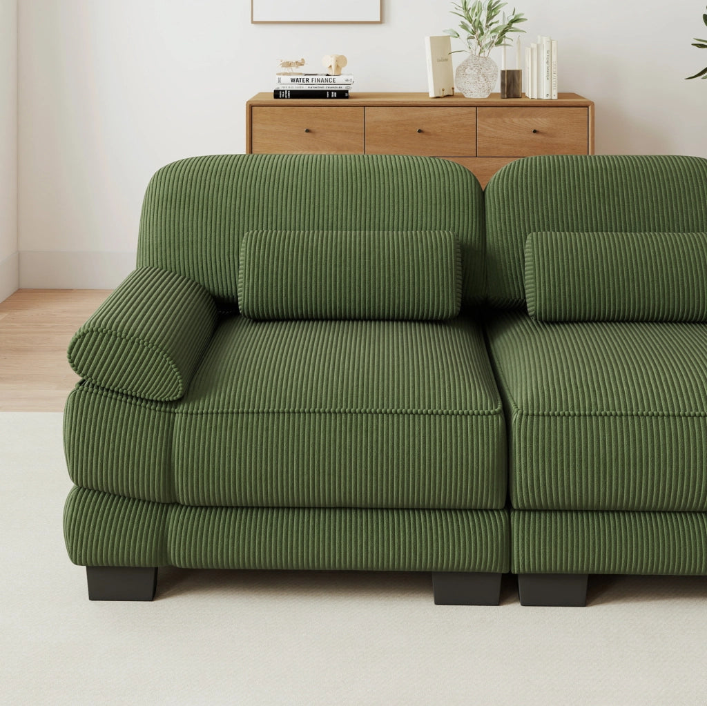 Divano modulare 336x88,5x94 cm in velluto a coste verde con cuscino lombare