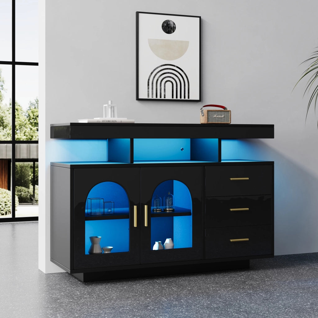 Credenza con LED 16 Colori ¨C Xylo ¨C Nero Lucido, 120 cm, Soggiorno