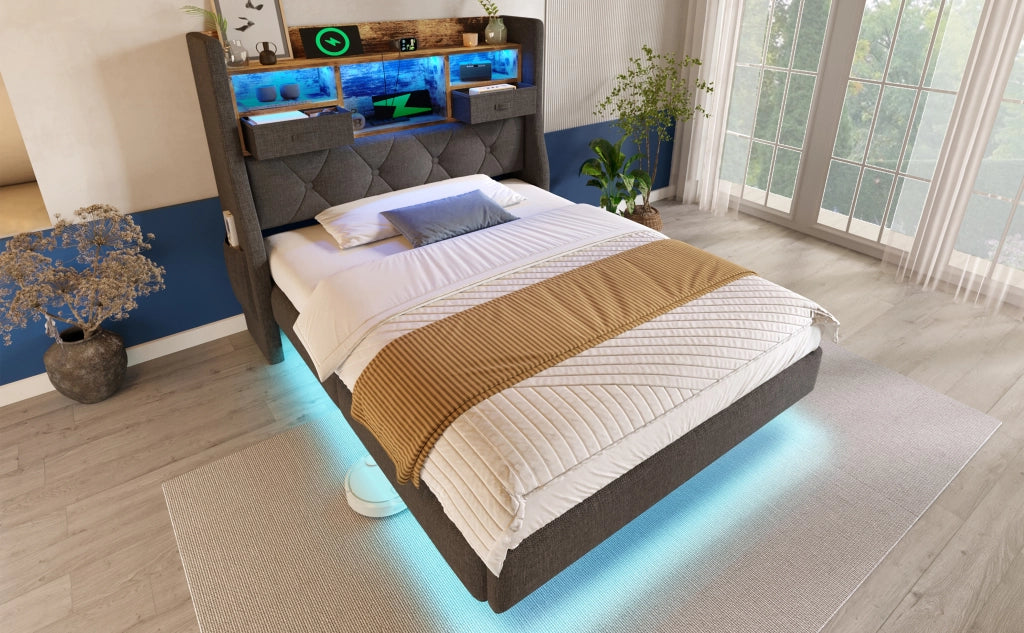 Letto imbottito 90x200 cm con LED, testiera contenitore, prese USB e Type-C, grigio, senza materasso