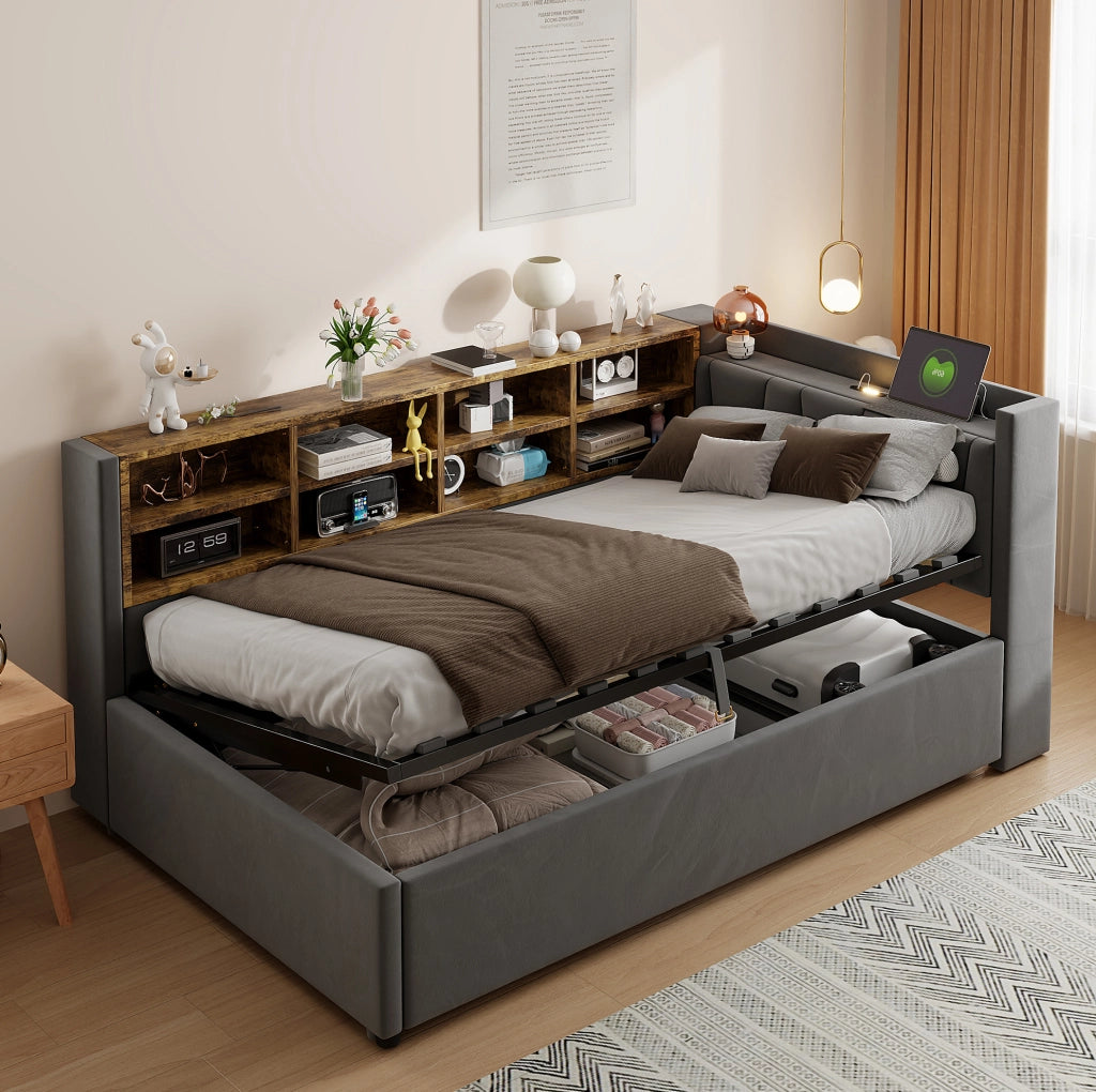 Letto imbottito 90x200 cm; testiera multifunzione con luce e porte USB e Type C; velluto; grigio
