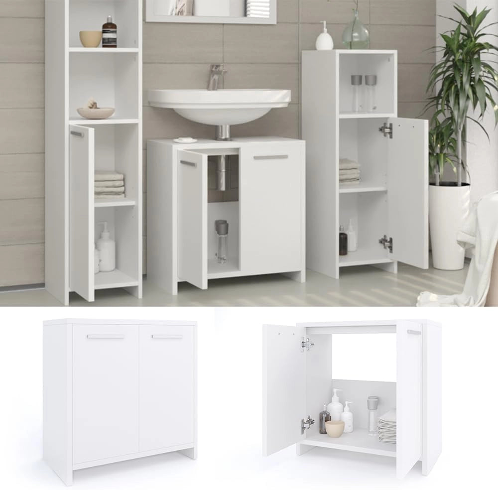 Mobile sottolavabo per bagno Kiko, Bianco, 58 x 60 cm, con ritaglio per sifone e spazio di stoccaggio per l’organizzazione del bagno