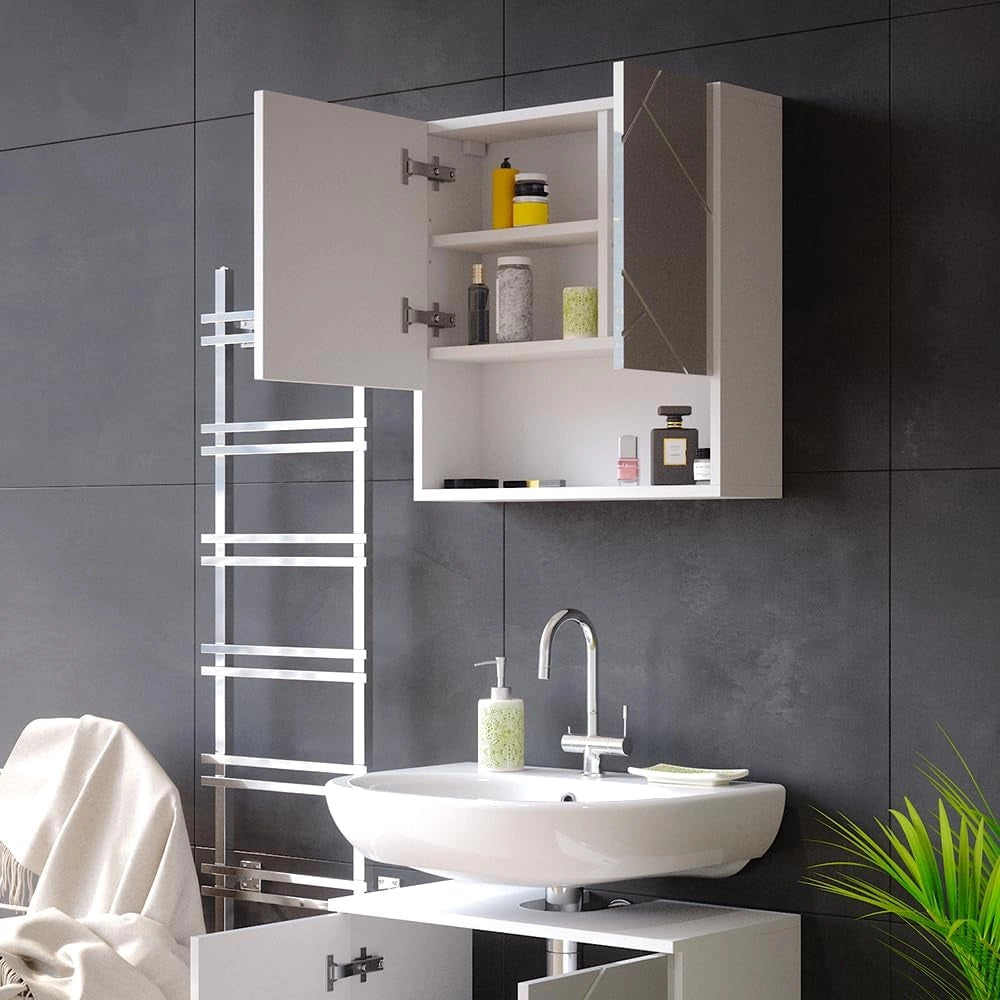 Specchio contenitore bagno Irma, Bianco lucido, 54 x 55 cm, per montaggio a parete con specchio e vani a giorno