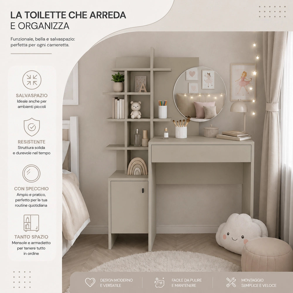 Postazione Make Up con Specchio Rotondo Sabbia Tolette con Mensole 105x35x151 cm