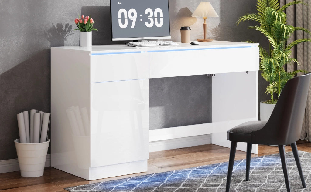 Scrivania moderna lucida 120 x 50 cm con LED, 2 cassetti e 1 anta, bianca