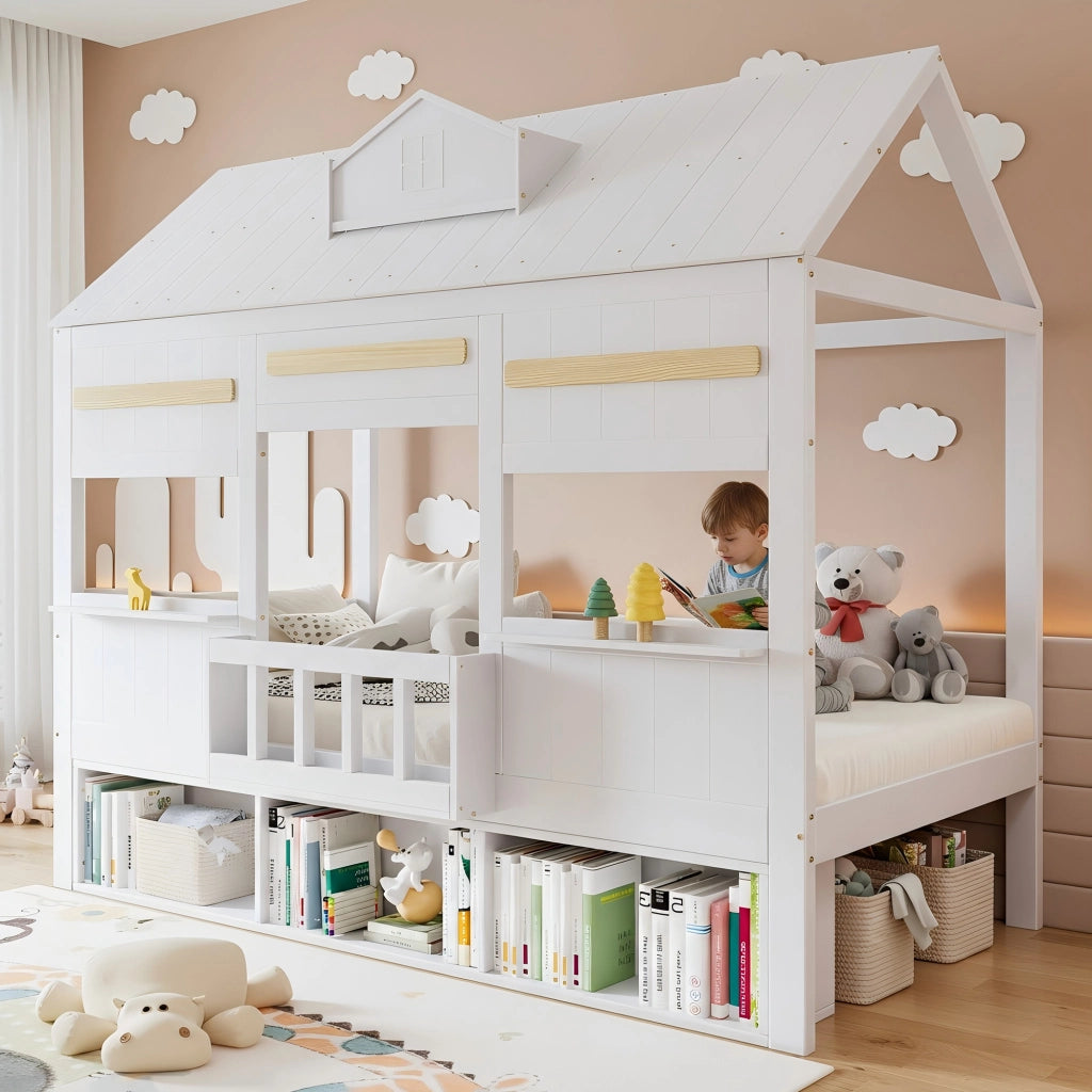 DESMIU Lit mezzanine enfant 90 × 200 cm con libreria, sans matelas, in legno massiccio e MDF, bianco