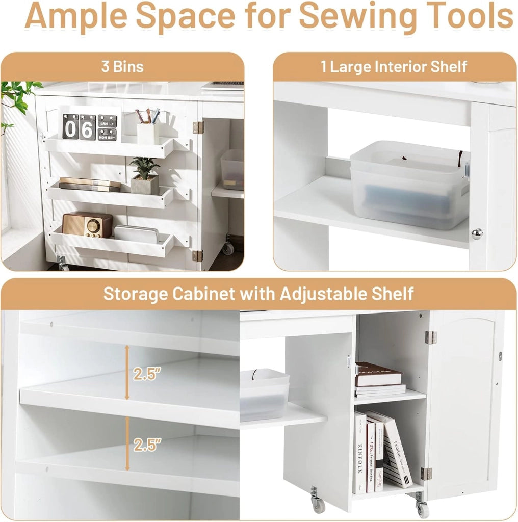 2 in 1 Mobiletto Cucito, Tavolo Cucire Pieghevole, con 4 Ruote, Armadio Versatile in Legno, per Salone/Salotto/Ufficio, Carico di 55kg, 158,5x50x74cm (Bianco)
