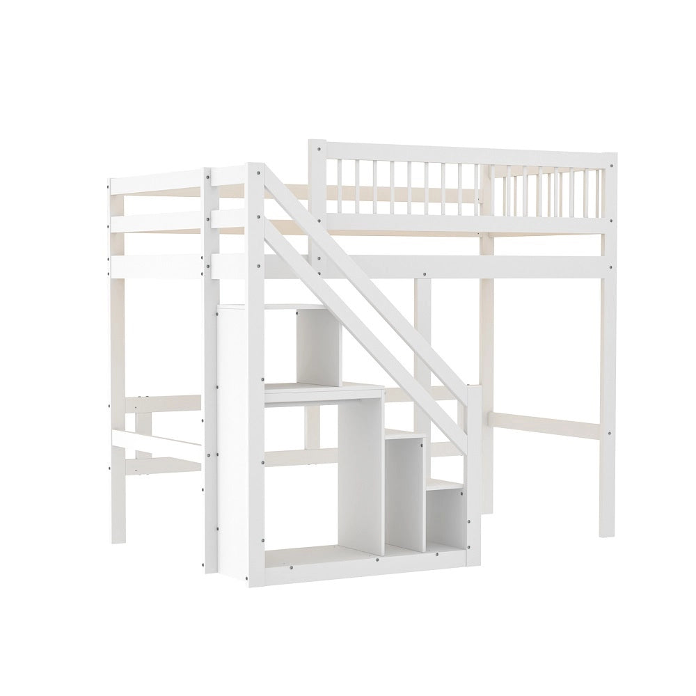 Letto a castello in legno massello per bambini - Xylo - 90x200 cm - Bianco - Con scala e armadio