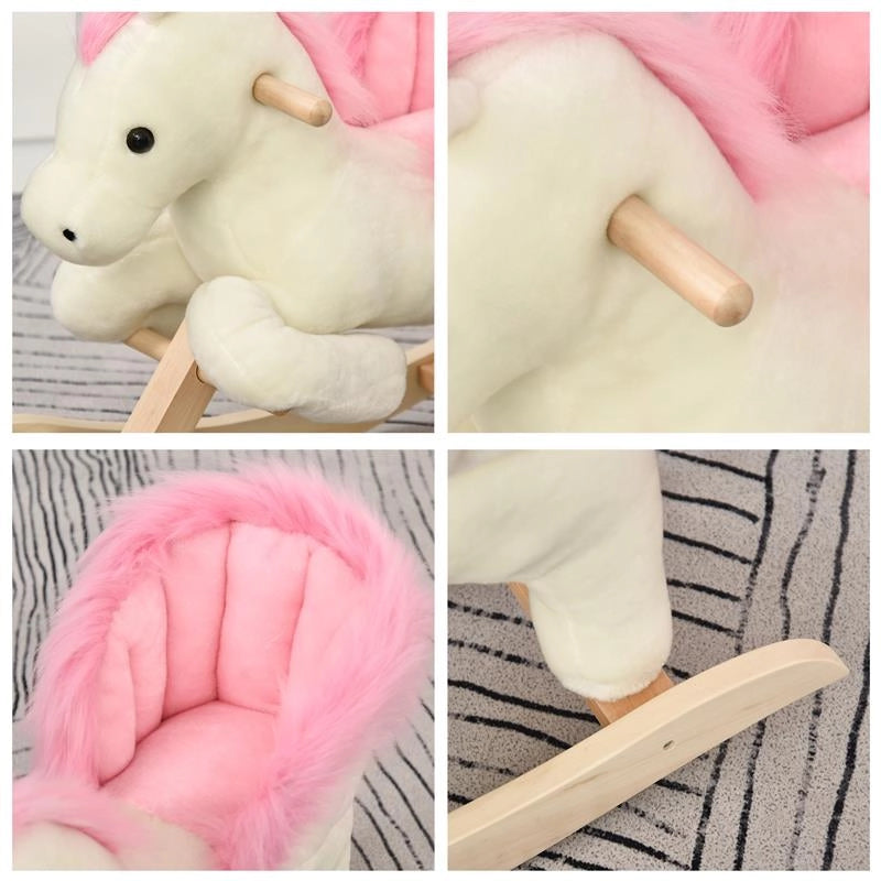 CAVALLO A DONDOLO PER BAMBINI 18-36 MESI CON  STRUTTURA IN LEGNO BIANCO E ROSA