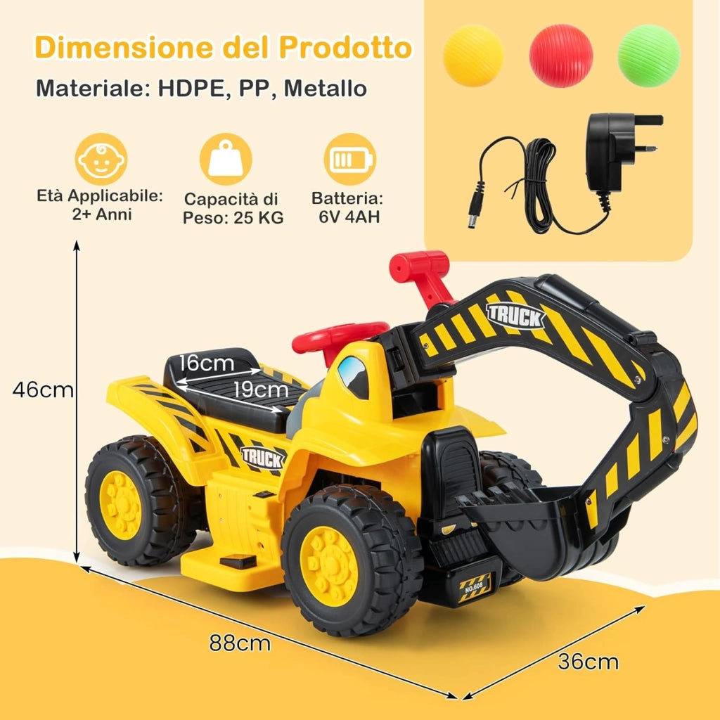 Escavatore Elettrico per Bambini, Ruspa con Vano Clacson ed Effetti Sonori, Canestro da Basket Pieghevole e 3 Palline, Giocattolo per Scavare per Bambini 2 Anni +