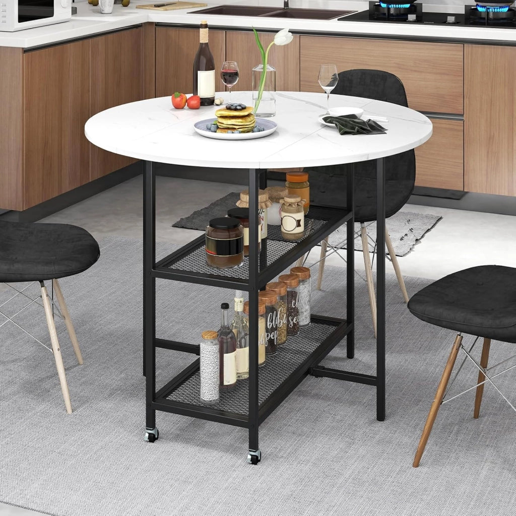 Tavolo Pieghevole Salvaspazio 100 x 100 x 80 cm, Tavolo da Pranzo Estensibile per 2-4 Persone con 2 Mensole di Stoccaggio e Ruote Bloccabili per Soggiorno, Appartamento e Ufficio (Bianco)
