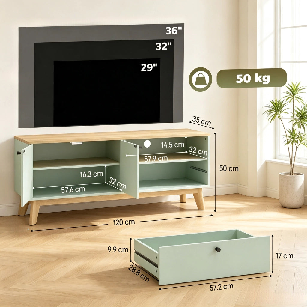 Mobile TV con 2 ante; 1 cassetto; 1 vano aperto; ripiano regolabile e passacavi; per soggiorno; 120 × 35 × 50 cm