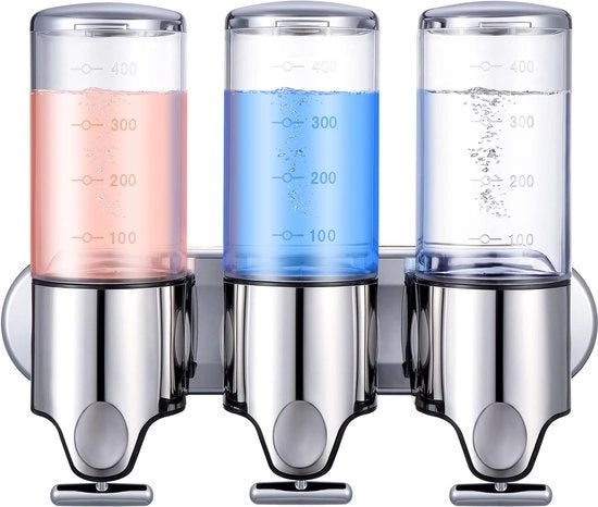 Dispensatore di sapone per tre camere da 1,5 litri, dispenser di sapone per mano manuale, shampoo per mano, dispenser di denaro per doccia, contenitore di crema per ufficio, bagno, cucina (trasparente)