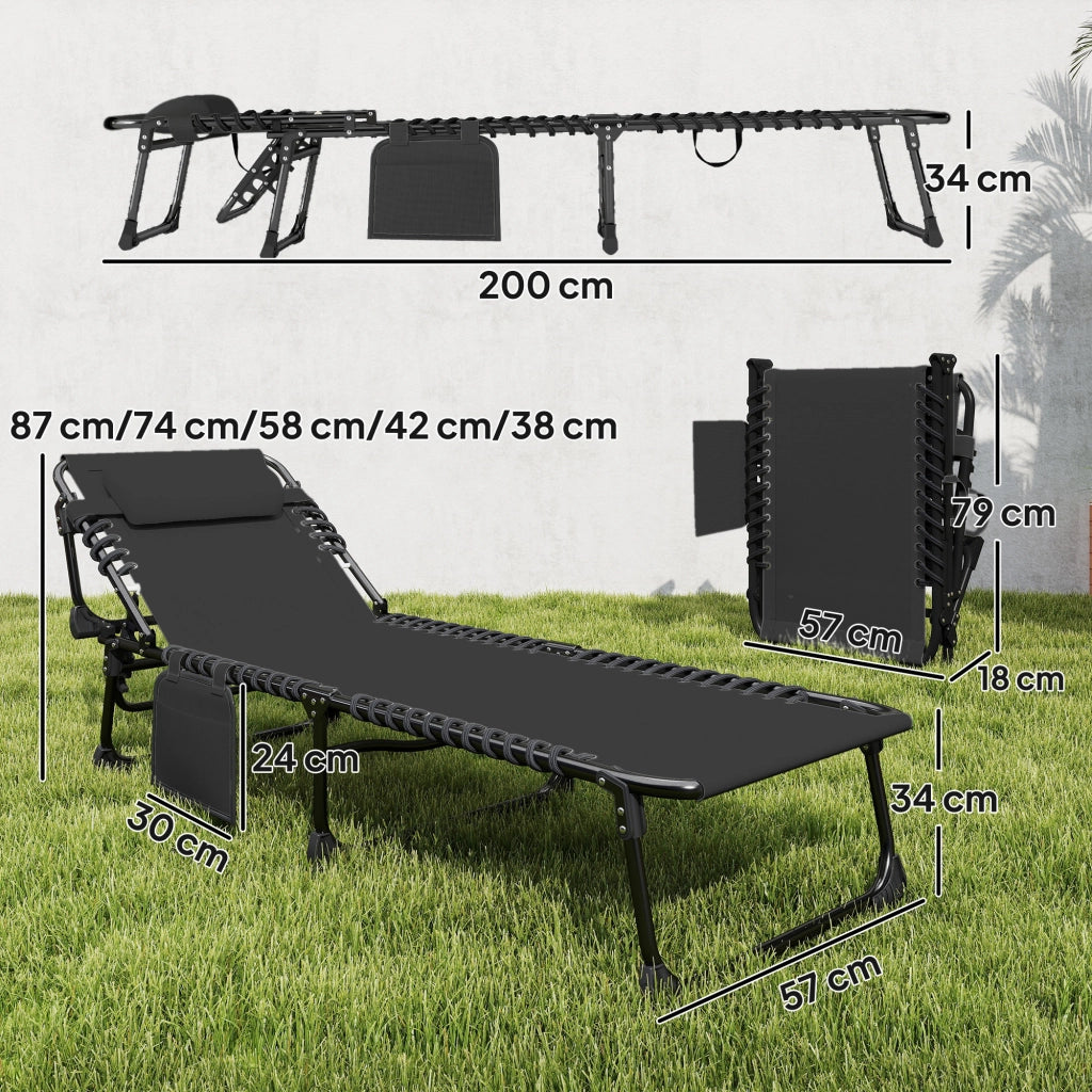 Set 2 Lettini Prendisole da Giardino Pieghevoli e Reclinabili su 5 Livelli con Cuscini, 57x200x38 cm, Nero