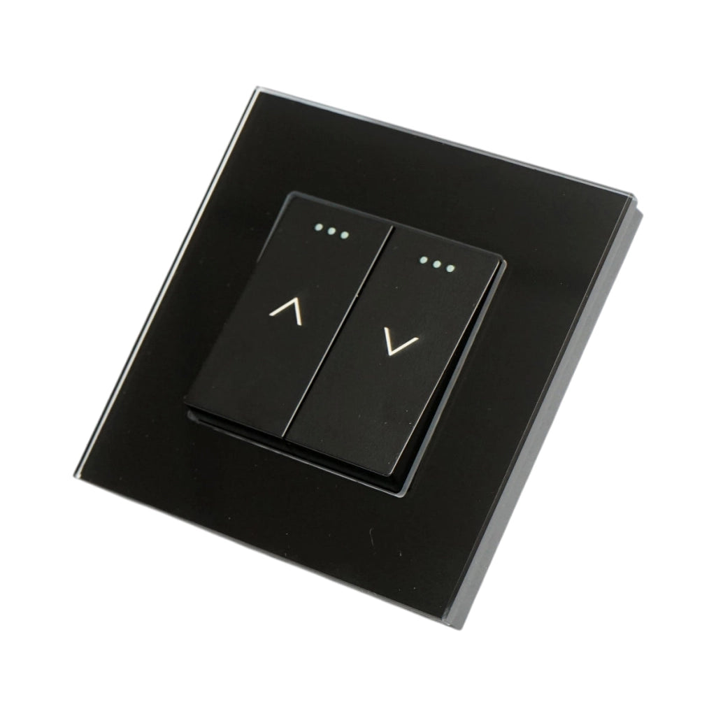 Interruttore doppio per tapparelle da incasso nero 220V, 16AX, spia luminosa, cornice in vetro 86x86x34mm