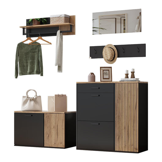 Set vestiario completo 2 pezzi - Xylo - con armadio, specchio, panchina e scarpiere, divisorio ingresso