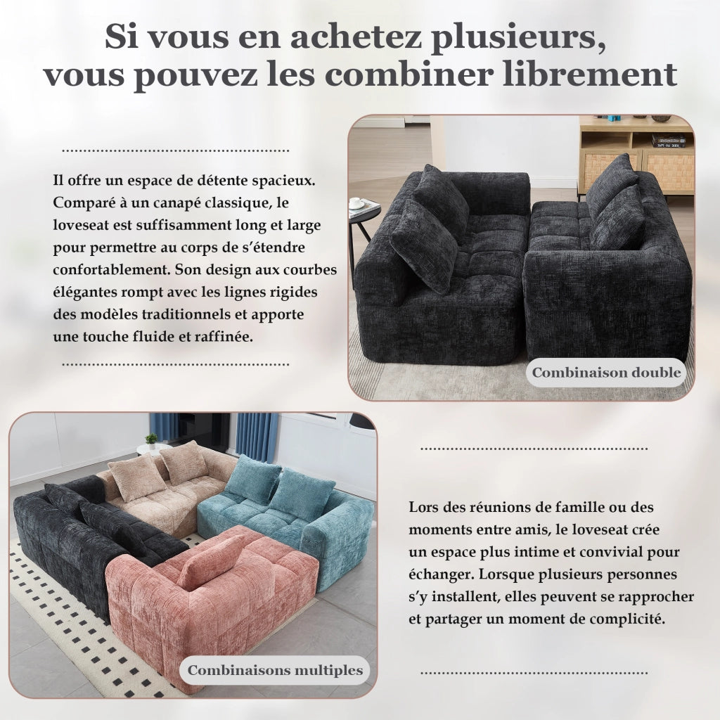 Divano 2 Posti con Tasche Laterali e Cuscino; Stile Chaise Longue in Ciniglia Nero 158 x 90 x 60 cm