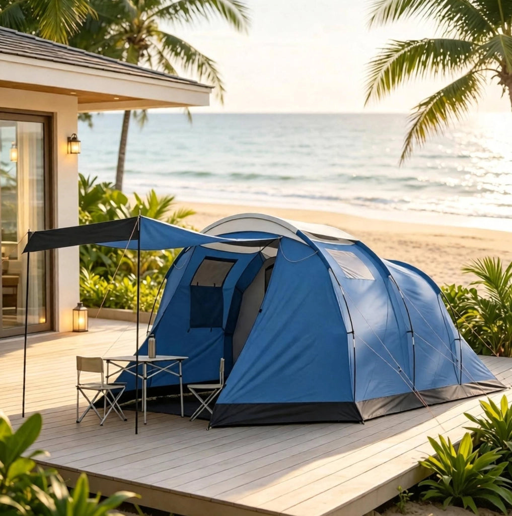 Tenda da campeggio a tunnel 3-4 persone con doppio telo impermeabile 3000 mm blu