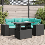 Set Divano da Giardino 5 pz con Cuscini Nero Polyrattan Acacia