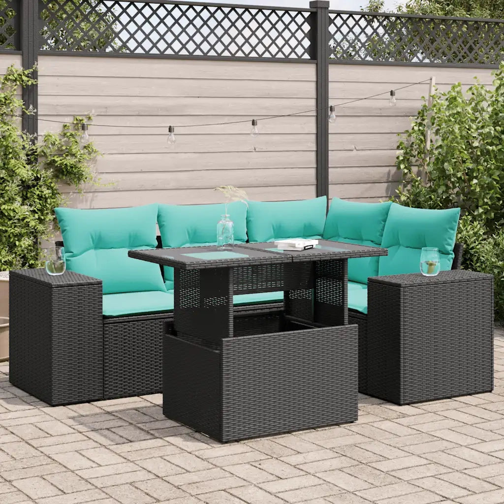 Set Divano da Giardino 5 pz con Cuscini Nero Polyrattan Acacia