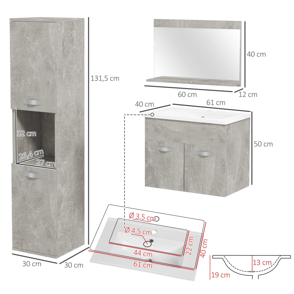 Set Bagno 4 Pezzi ¨C zephmum ¨C Grigio con Specchio e Mobile Sospeso