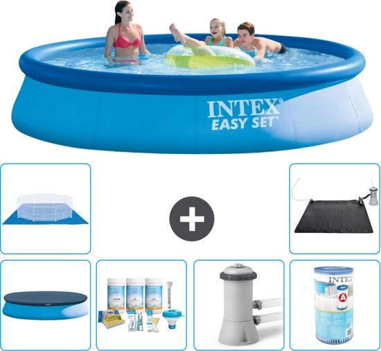 Piscina Rond Opblaasbar Easy Set - 396 x 84 cm - Blu - Inclusa Copertura - Kit Manutenzione - Pomp Filtro Piscina - Filtro - Copertura Fondamentale - Matita Solare