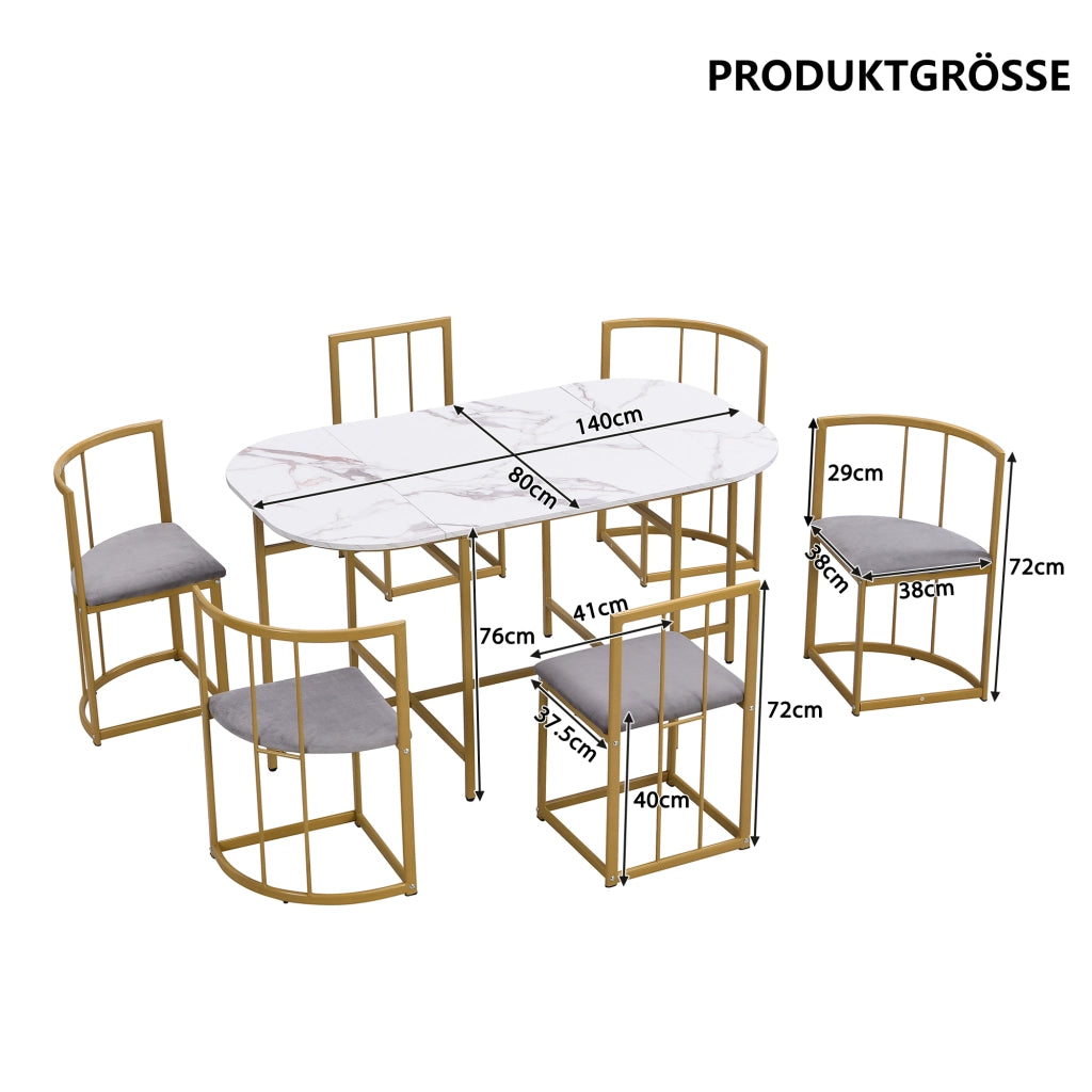Tavolo da Pranzo con 6 Sedie ¨C MINIMAL ¨C Bianco, Seduta Grigia, Gambe Metallo Oro