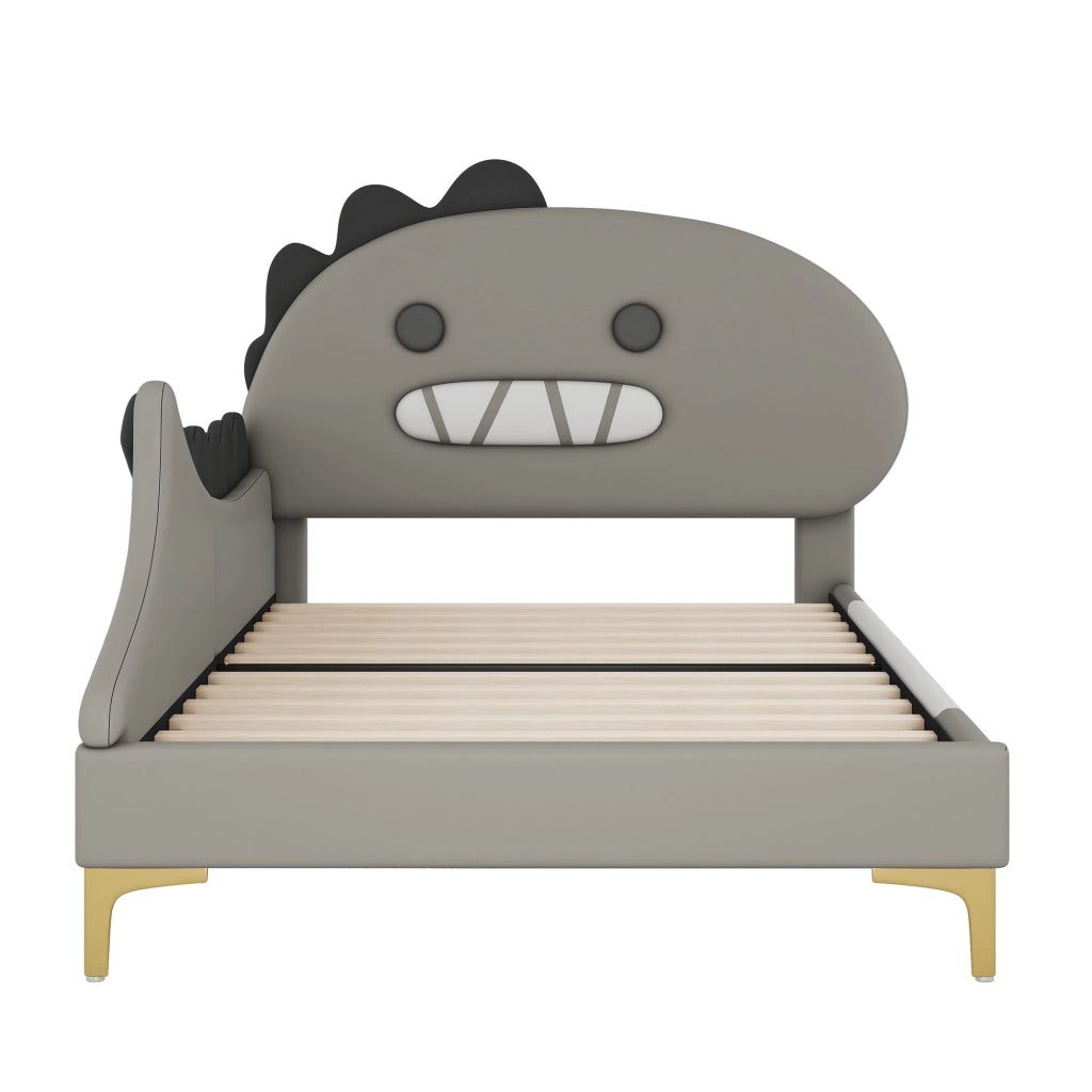 Letto bambino 90×200 cm con testiera a dinosauro e rete a doghe; senza materasso; PU e MDF; grigio