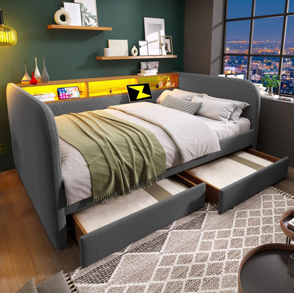 Letto imbottito 140x190 cm con LED, USB-C e 2 cassetti