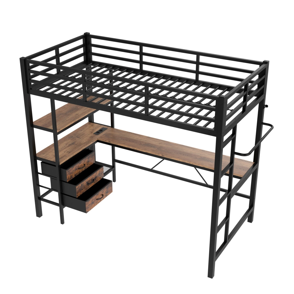 Letto a soppalco 90x200 cm con scrivania, LED, cassetti e USB