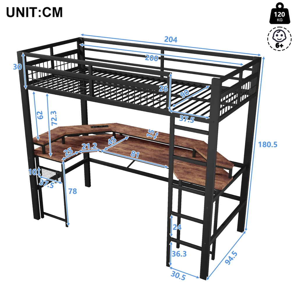 LETTO A SOPPALCO 90x200 cm in metallo nero con scrivania, LED, USB e prese