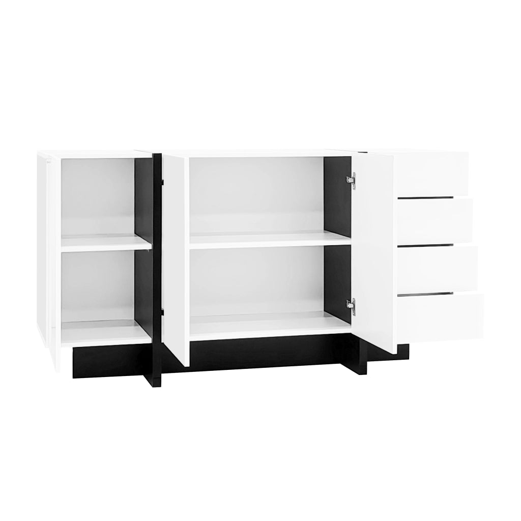 Credenza con 2 Ante e 4 Cassetti; Frontale Lucido; Stile Moderno; per Soggiorno; in MDF; 150??40??80;5 cm; Bianco Nero