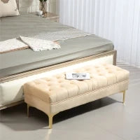 Panca Fondo Letto Imbottita con Rivestimento Trapuntato in Tessuto Effetto Velluto, 118x45x42 cm, Beige