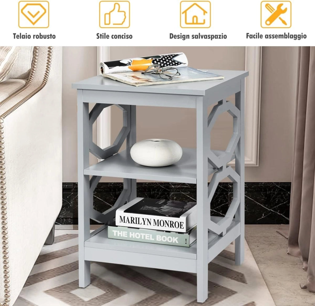Comodino per Camera da Letto con 3 Ripiani, Tavolino da Salotto, Varie Modelli e Colori (Grigio 8（2 pezzi）)