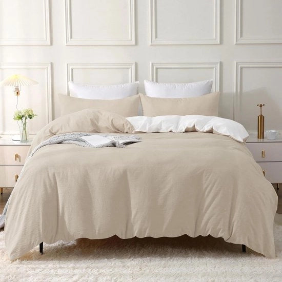 Set di lenzuola 200x200 cotone 3 pezzi, set di lenzuola da letto camel beige con chiusura a righello, tessuto simile al lino Stone Washed, comprende 1 lenzuolo 200x200 e 2 copri lenzuolo 80x80 cm