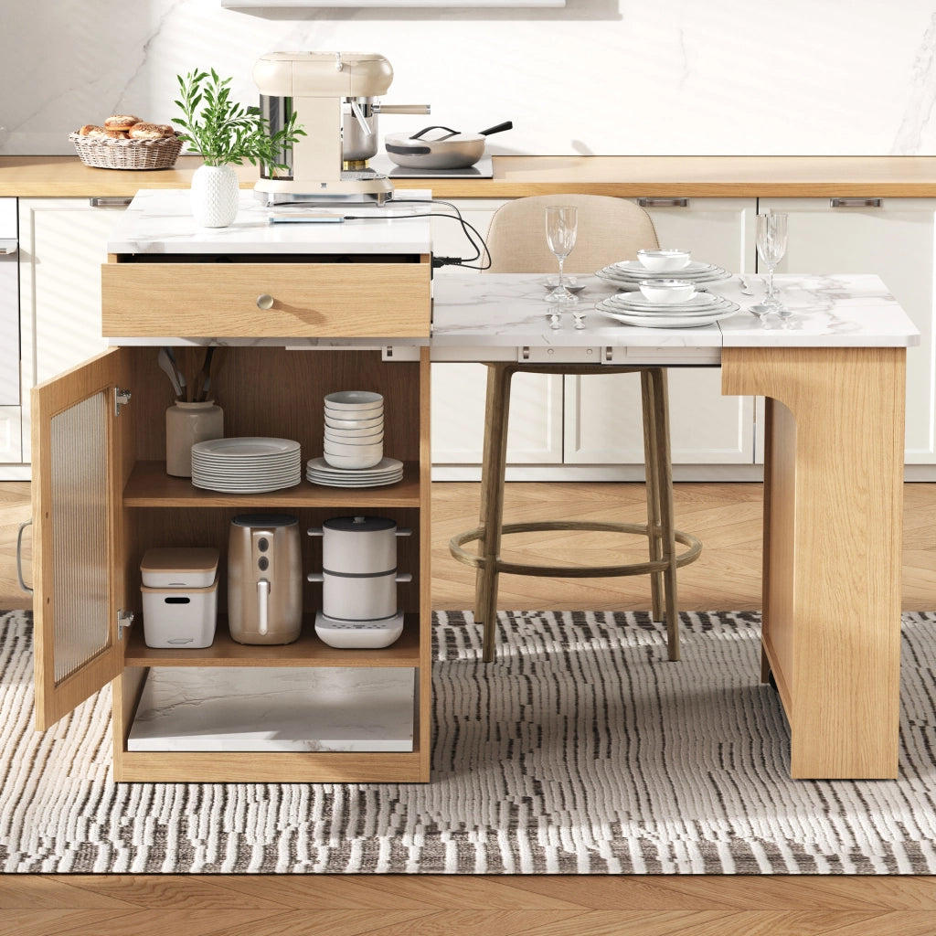 Tavolo da pranzo - isola cucina su ruote - piano estraibile - bar con prese - naturale - per cucina e sala
