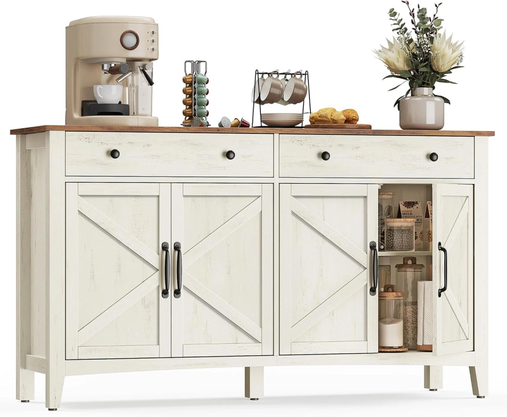 VASAGLE Credenza Cucina, Mobiletto con Cassetti, Mobile con Ante e Ripiani Regolabili in Altezza, Stile Farmhouse, per Soggiorno Sala da Pranzo, 40 x 140 x 80 cm, Bianco Rustico e Noce Medio BBK381W02