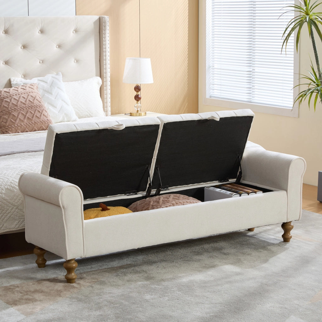 Panca da letto, panca per cambiarsi le scarpe, con vano portaoggetti, rivestimento in similpelle scamosciata, con braccioli, gambe in legno di gomma, beige