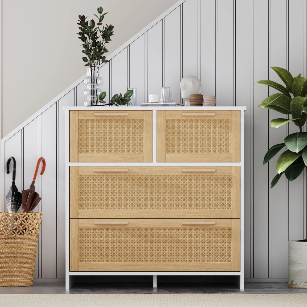 OKWISH Cassettiera in Rattan con 4 Cassetti, Dispositivo Antiribaltamento, per Camera, Soggiorno o Ingresso, 80 x 38 x 80 cm